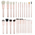 26-piece pink makeup brush set with wooden handles and wool brush hairs in PU storage bag