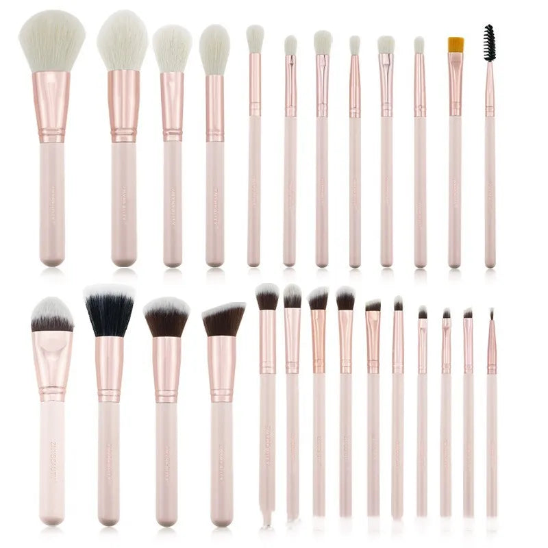 26-piece pink makeup brush set with wooden handles and wool brush hairs in PU storage bag