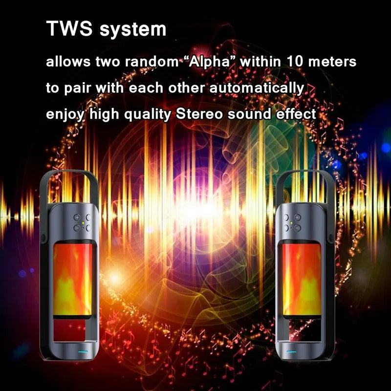Blue portable Bluetooth speaker with dancing flame light effect showing wireless charging capability