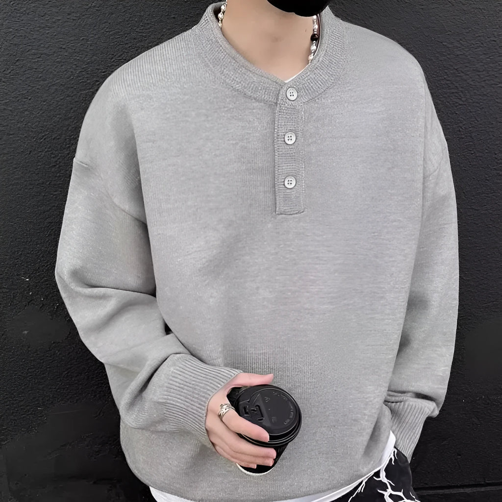 Men's loose fit long sleeve polyester knit sweater in black, Hong Kong style pullover