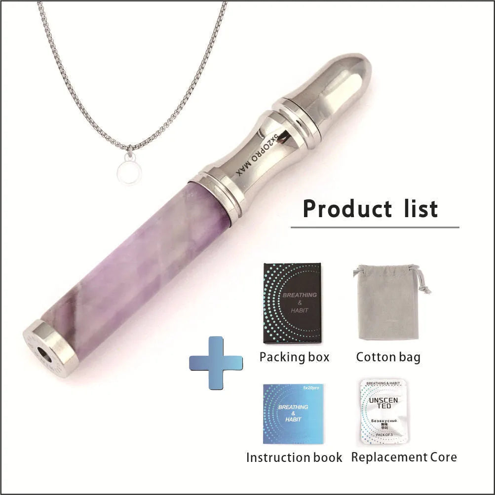 Natural crystal stone double-layer flat mouth respirator pendant necklace for anxiety relief – amethyst colour with gift box and replacement core