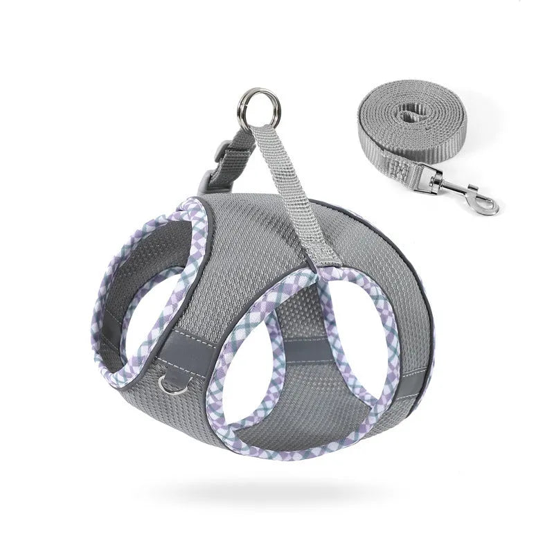 Step-in dog harness with leash showing breathable mesh and reflective vest design