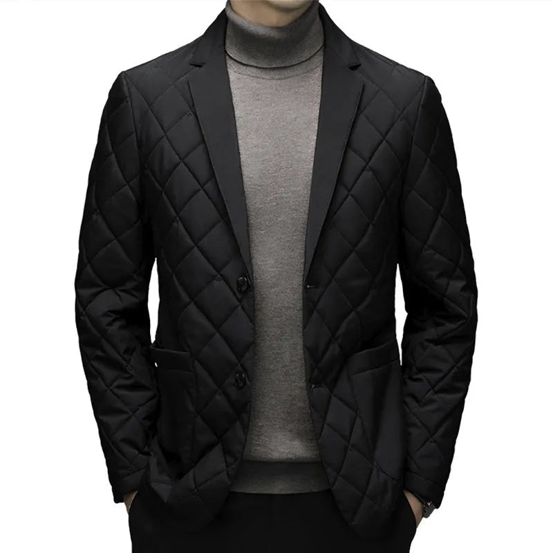 Men's black lapel down jacket with side pockets shown on model, winter cardigan coat