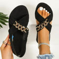 Chains sandals in black with elasticated open toe slide design, rubber sole, and metal detail on PU upper