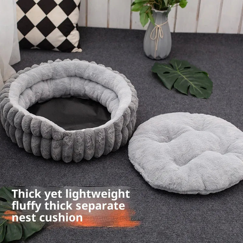 Round plush cloth cat bed with straight rabbit design, available in 40cm, 50cm and 60cm diameters and four colours
