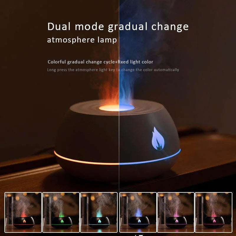 Black and white USB humidifier diffuser with glowing flame effect light on a wooden table.