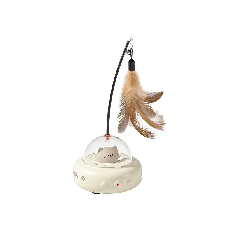 Electric UFO cat teaser toy with bell and replaceable feather in Milk Coffee colour