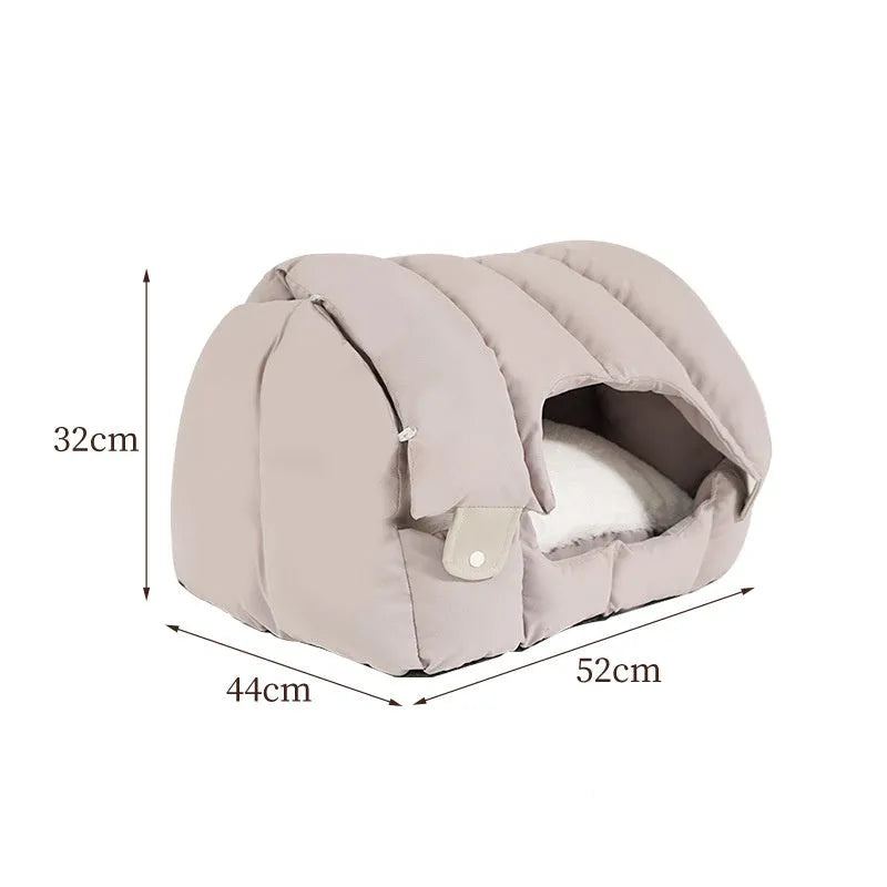 Grey arched fabric cat bed shown in both enclosed nest and flattened open sofa configurations
