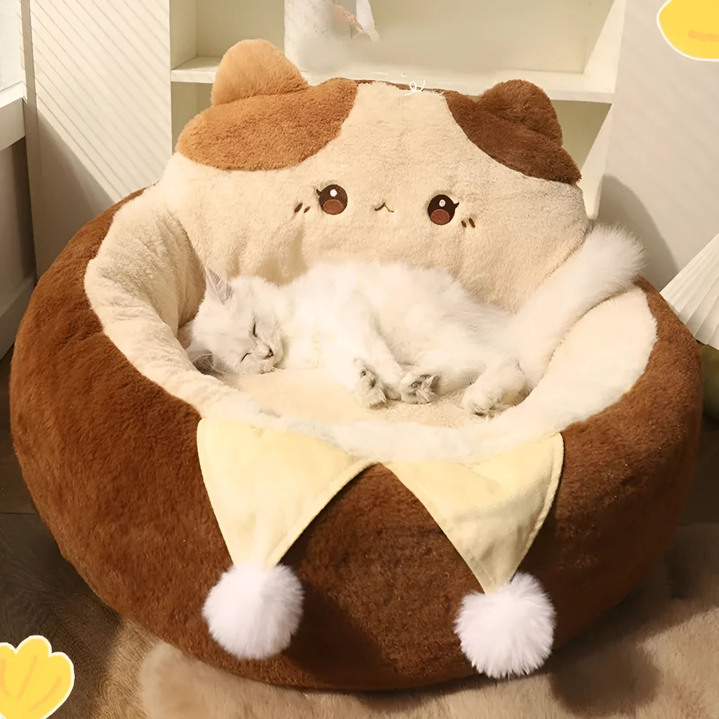 Round pet bed for cats and dogs with soft cushion and polyester cover