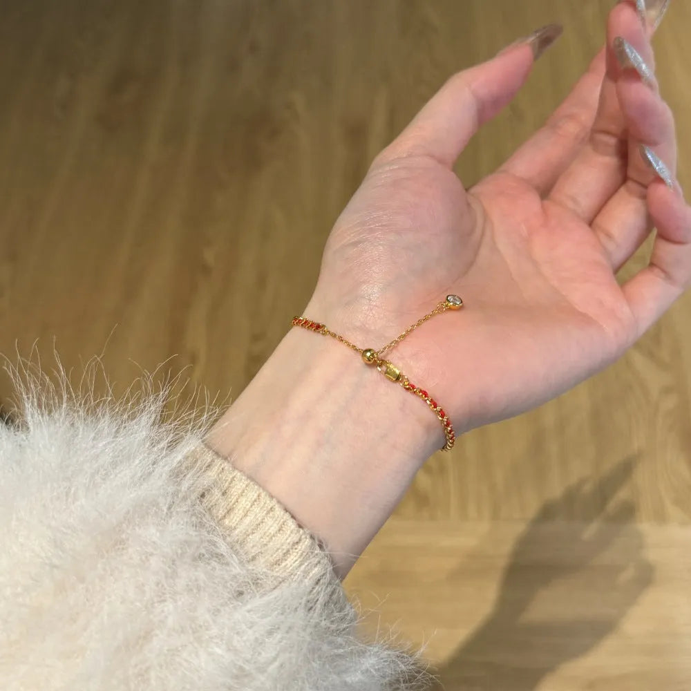 Women's 925 sterling silver bracelet with gold electroplating and red rope lucky charm, simple geometric style