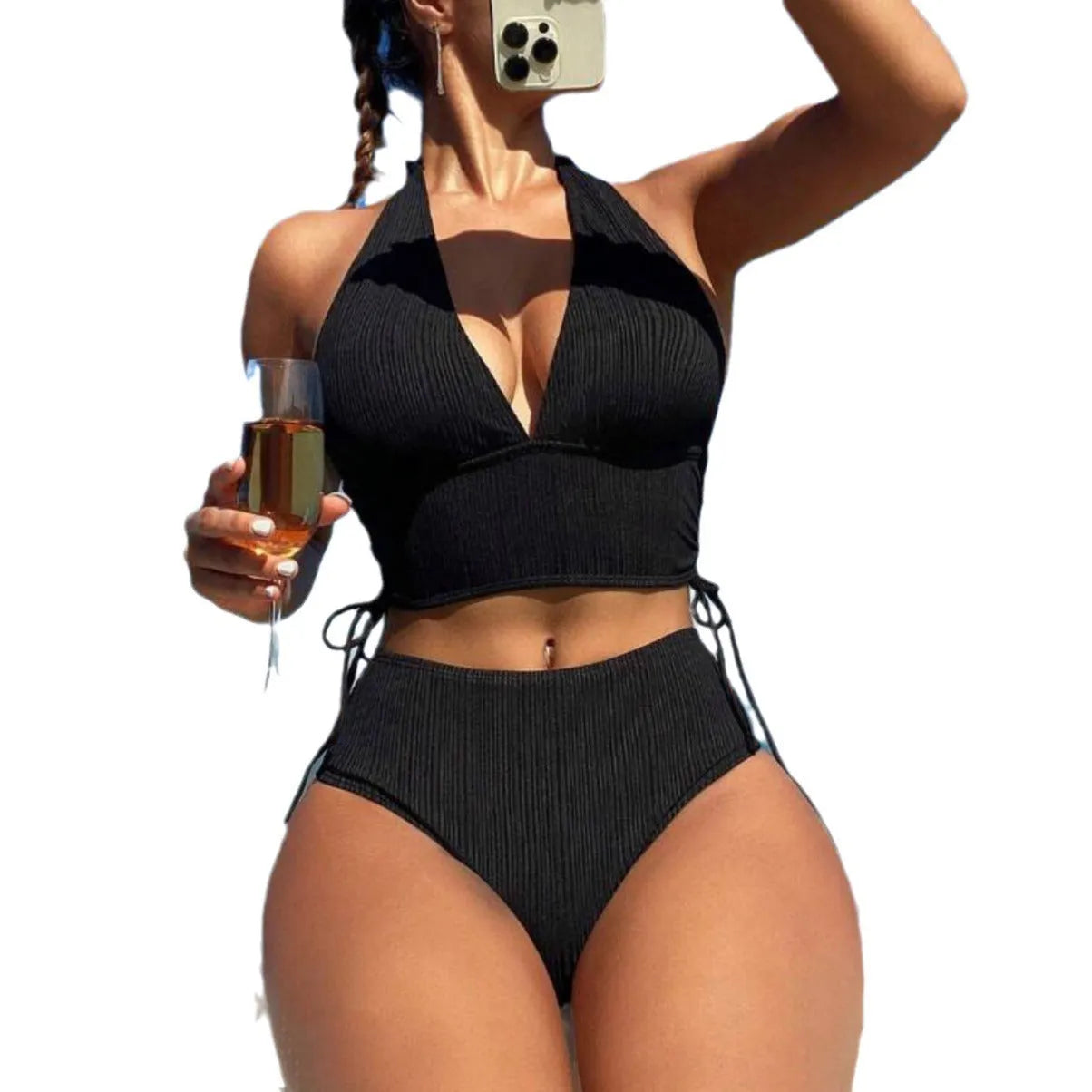 Women's black halter bikini with lace-up front detail and briefs bottoms
