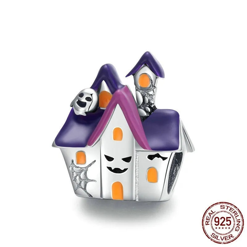 Purple Halloween haunted house metal loose bead, 1.2cm x 1cm, with heart element for jewellery making