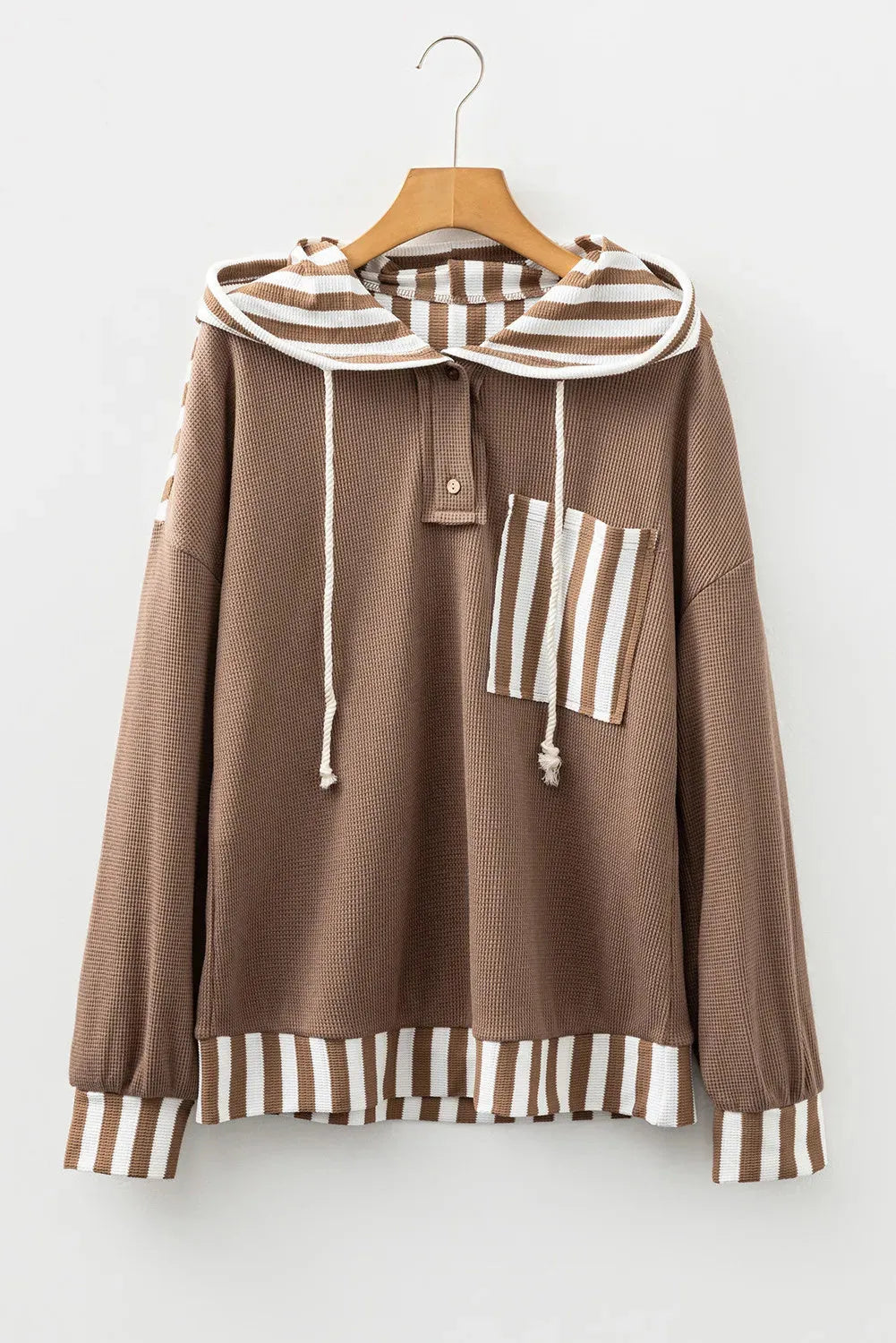 Straw yellow waffle texture striped hoodie with a button neck and drawstring hood.