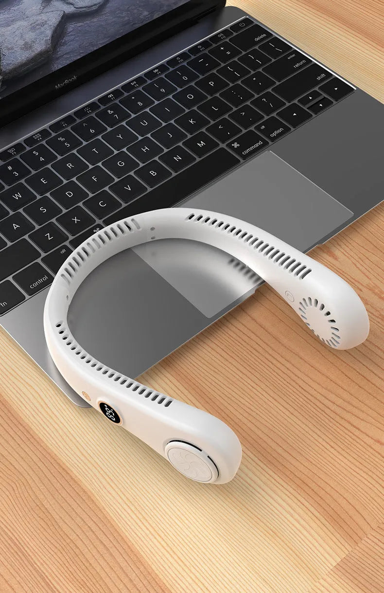 White USB rechargeable bladeless neck fan being worn, showing its flexible neckband and streamlined air outlet.