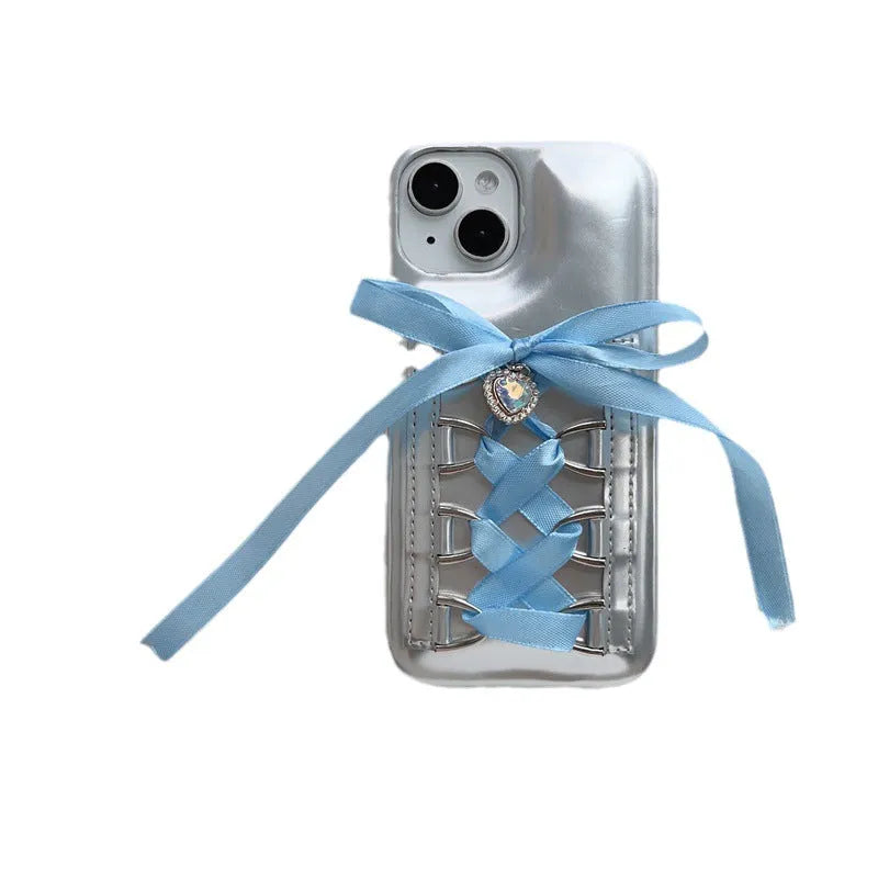 Electroplated silver PC phone case with shoelace bow for iPhone 15, blue colour