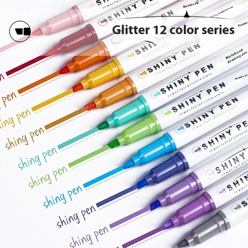 Set of four glitter fluorescent highlighter pens with slanted tips in assorted colours.