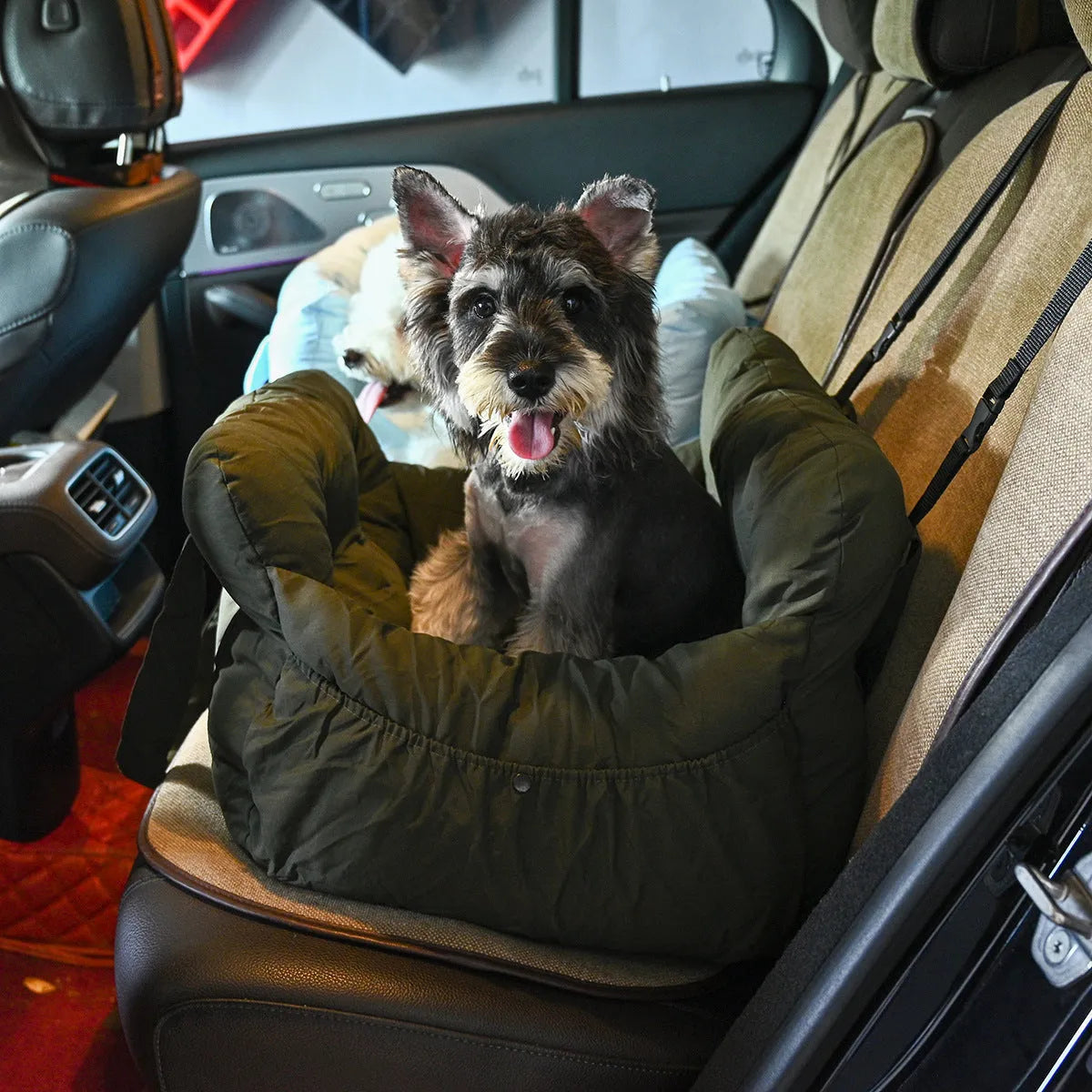 Portable cloth car kennel for dogs in light blue colour with net pocket design