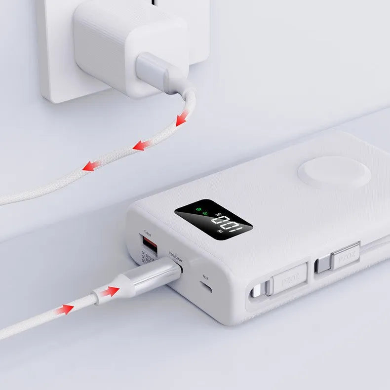 Black and white 20000mAh wireless power bank showing digital display screen and USB ports