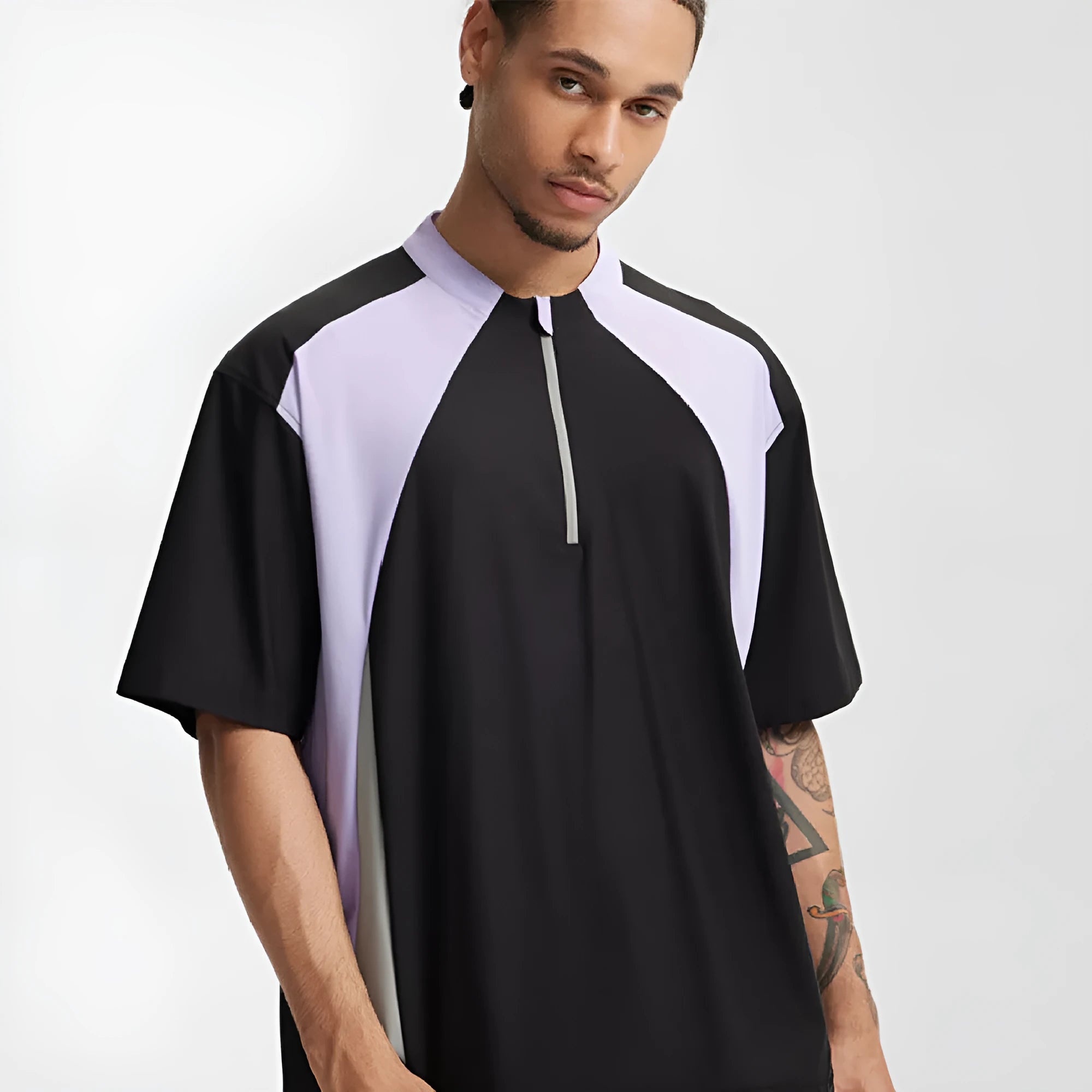 Men's lightweight polyester casual shirt in black and beige colours with stitching detail