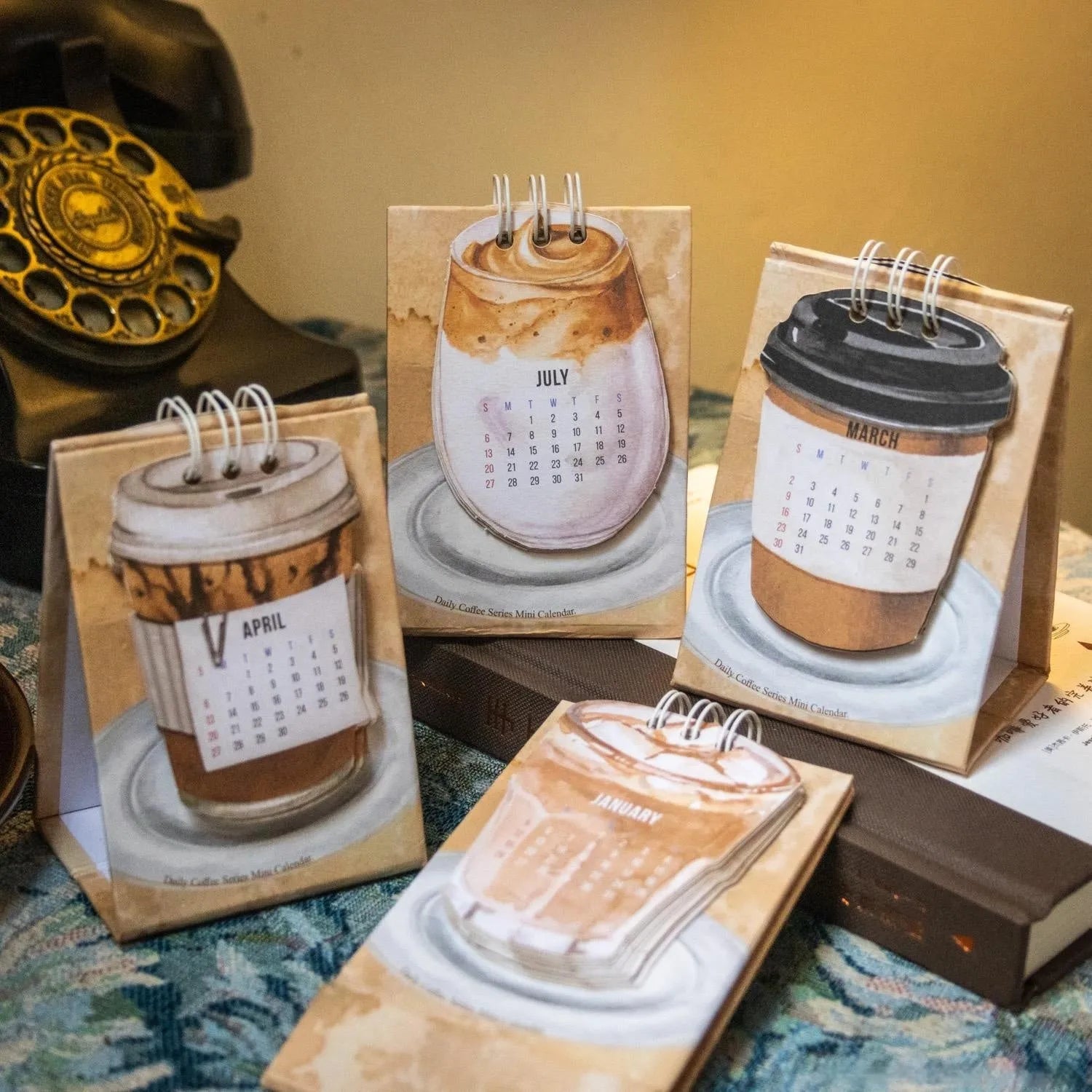 Mini desk calendar 2025 with multiple design options including Coffee Time theme