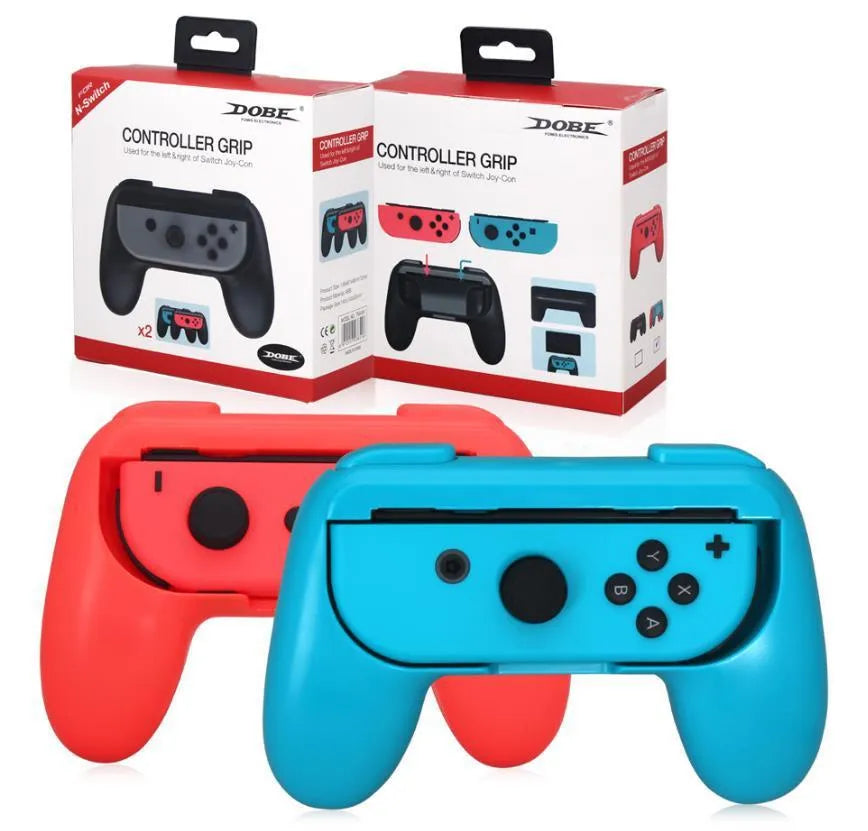 Nintendo Switch Joy-Con accessory grips in black and red blue colours