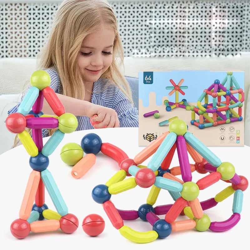 Magnetic building blocks set with 25-64 colourful ABS plastic pieces in a box