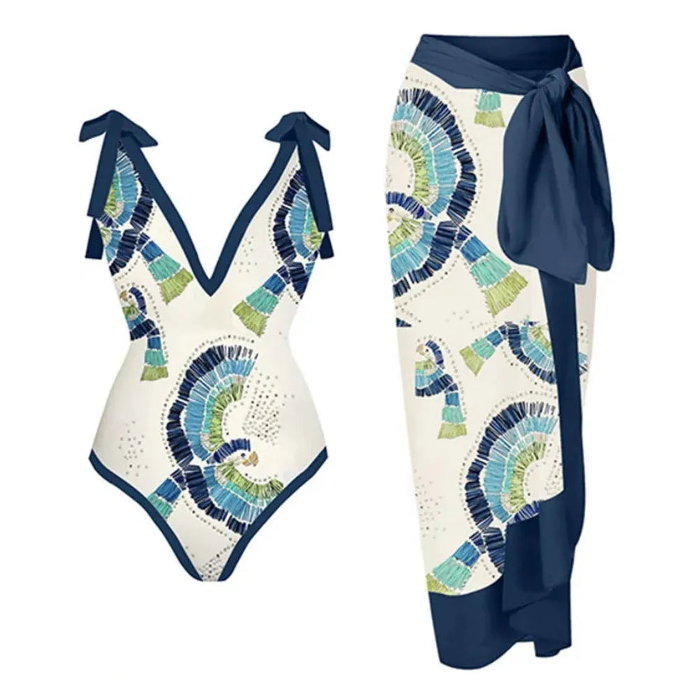 Blue and pink French retro one-piece swimsuit sets with matching gauze skirts for beach and pool.