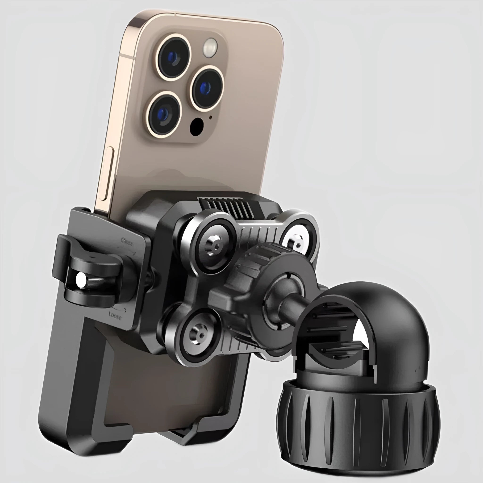 Black aluminium alloy shock absorber motorcycle phone mount for handlebars in a selection of styles.