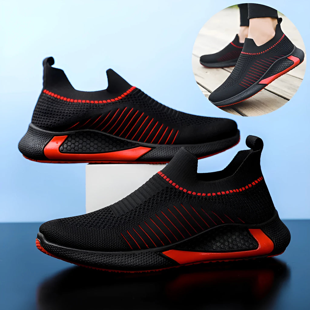Men's low-cut sneakers with striped Flyknit upper, mesh lining, and flat plastic sole.