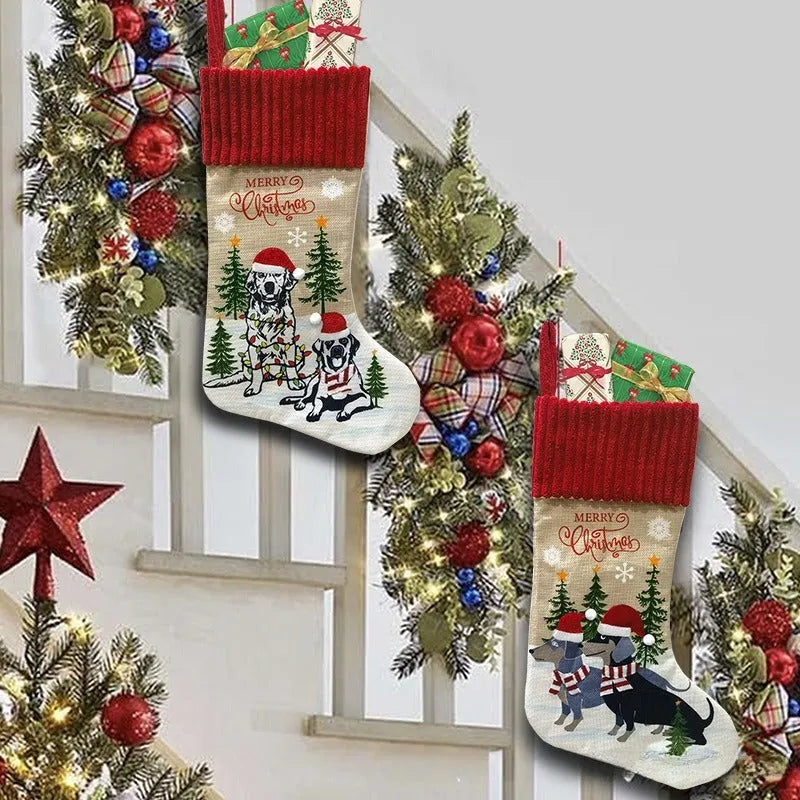 Cloth Christmas tree pendant with dog and cat sock designs, dimensions 46cm by 28cm