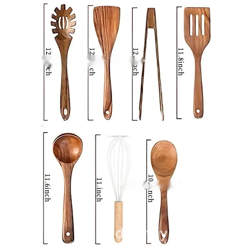 Wooden kitchen utensil set with seven pieces including cooking spoons and spatulas in natural wood finish