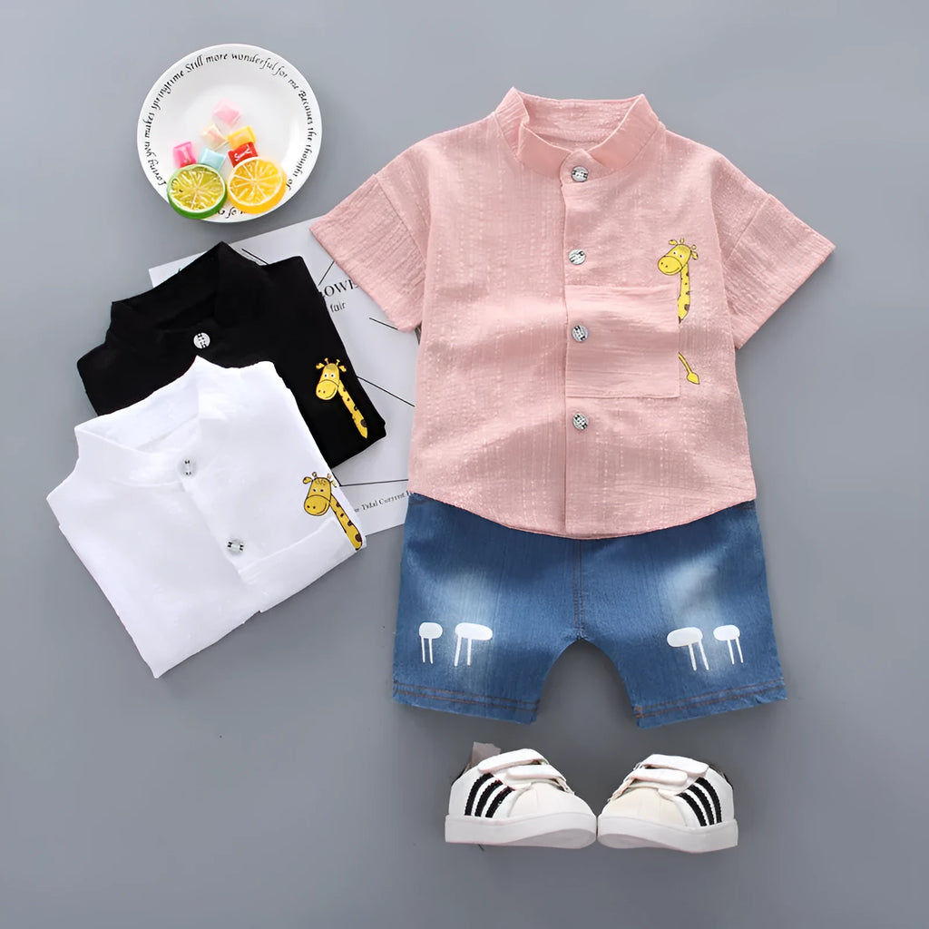 Baby boy cotton short sleeve shirt and shorts set with giraffe cartoon print in white, black, pink for 80-110cm children