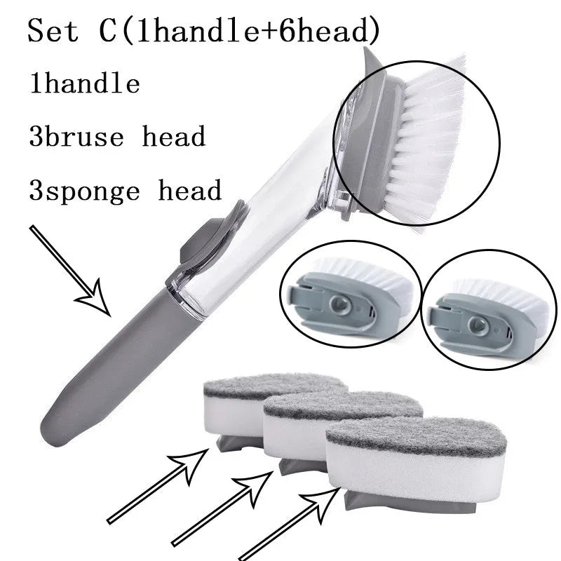 2 in 1 long handle cleaning brush with removable head and sponge for kitchen dishes