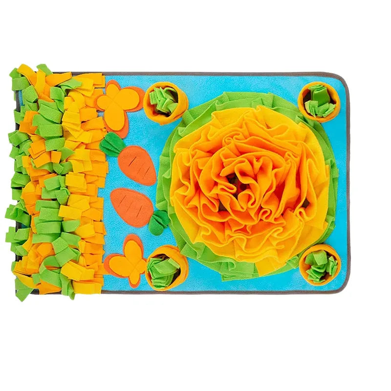 Sunflower design snuffle mat for dogs with hiding pockets and paw-shaped detail on a non-slip base