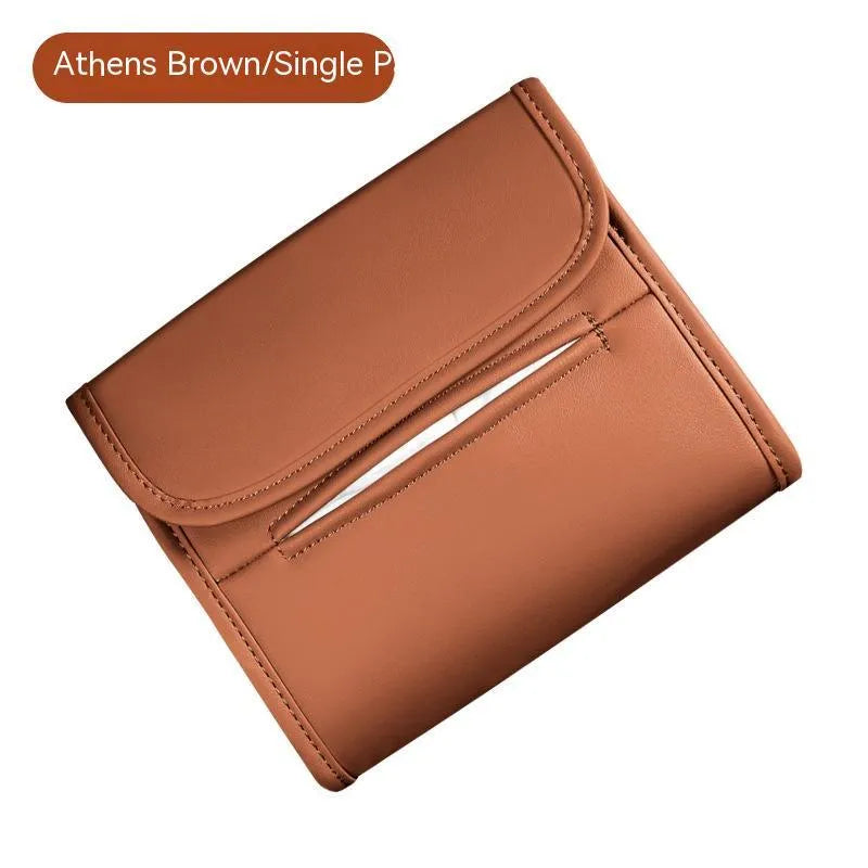 Leather car tissue box with elastic band hanging for vehicle mounting