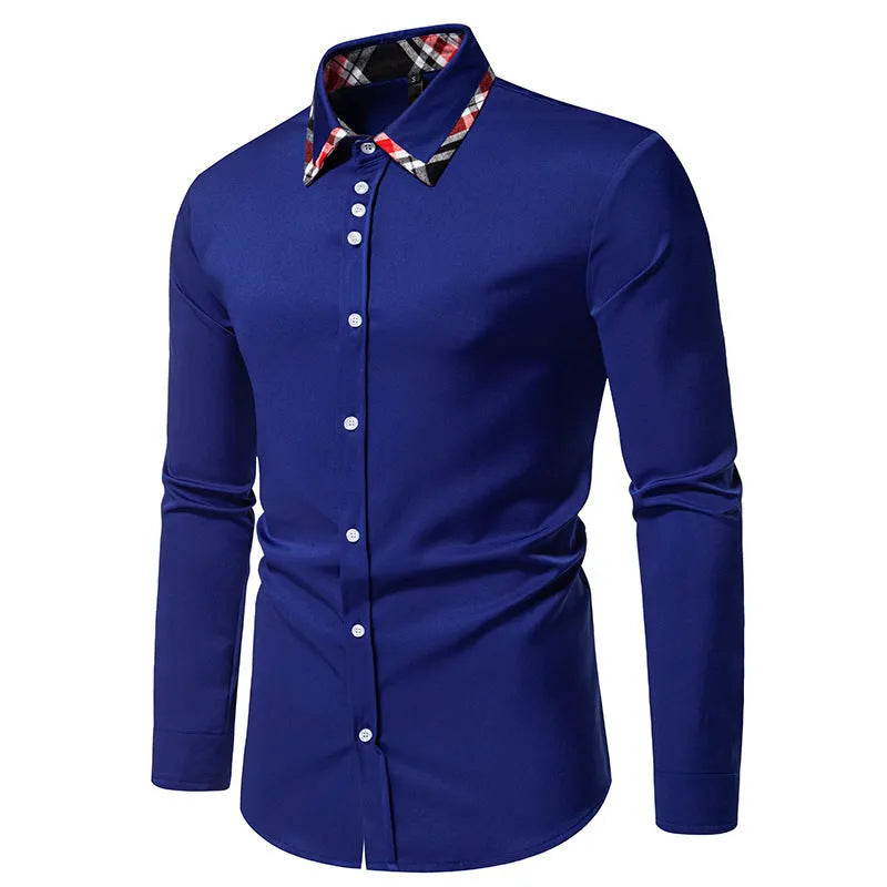 Men's blue plaid long sleeve shirt with a white triangle contrast collar laid flat.