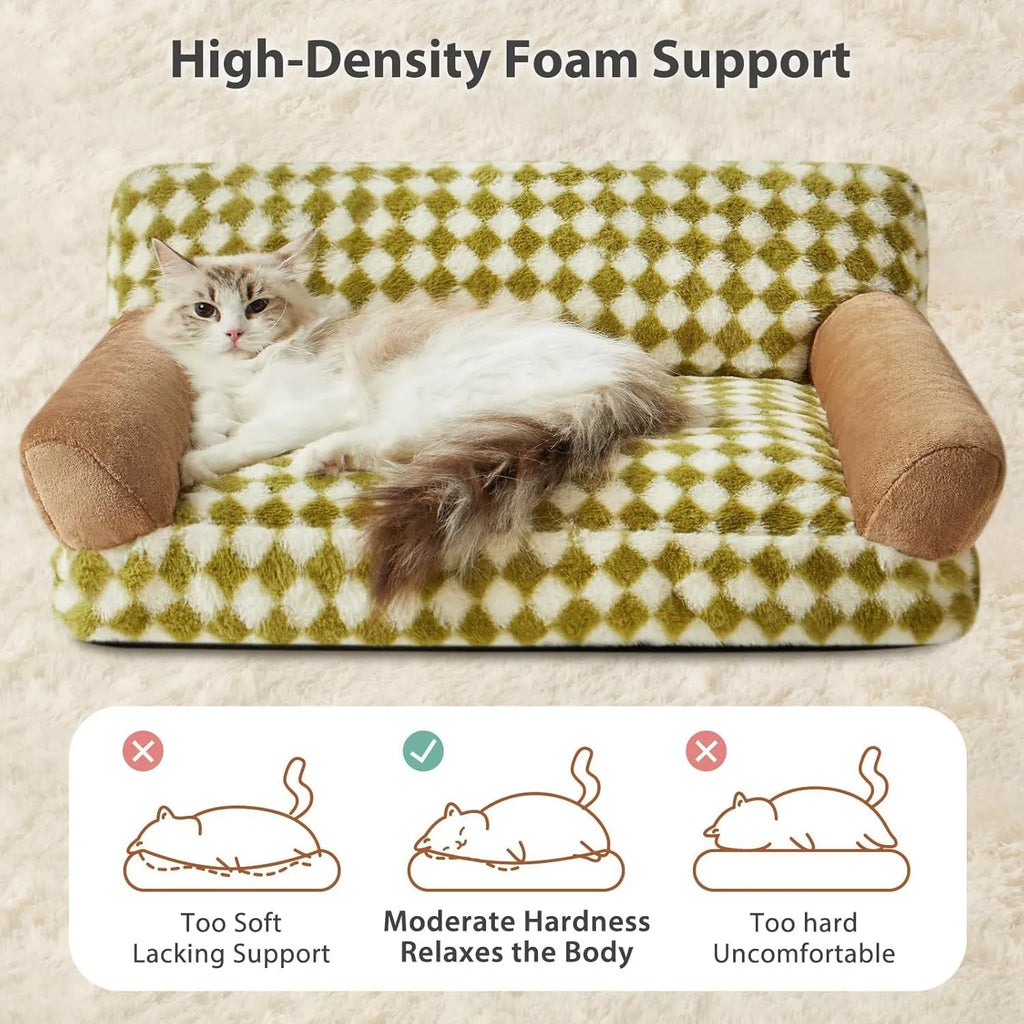 Grey checkered pet sofa bed for cats and small dogs with a washable cover on a wooden floor.