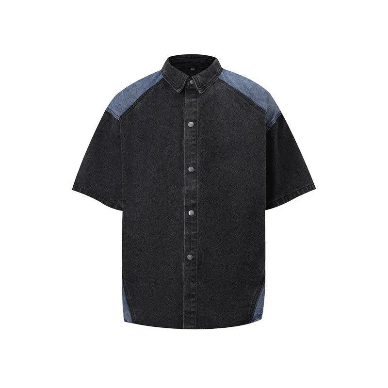Retro washed denim jeans suit featuring a short-sleeve jacket and matching trousers on a mannequin.