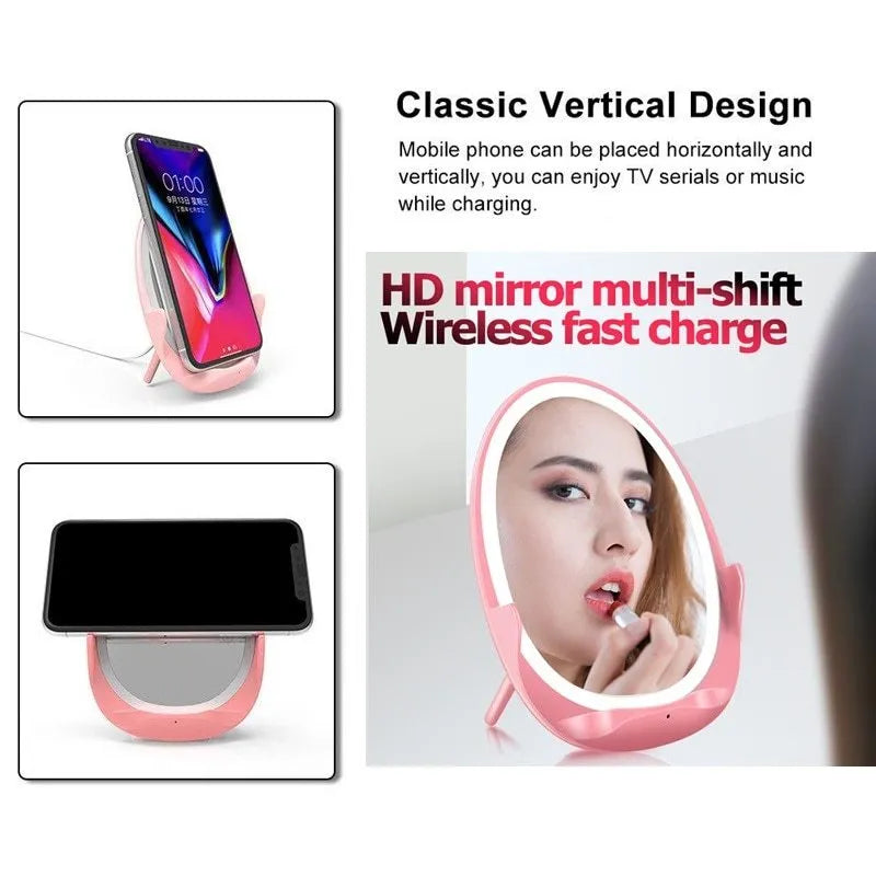 White vertical wireless charger with vanity mirror and fill light, 125x94x30mm, Micro USB, 5W charging
