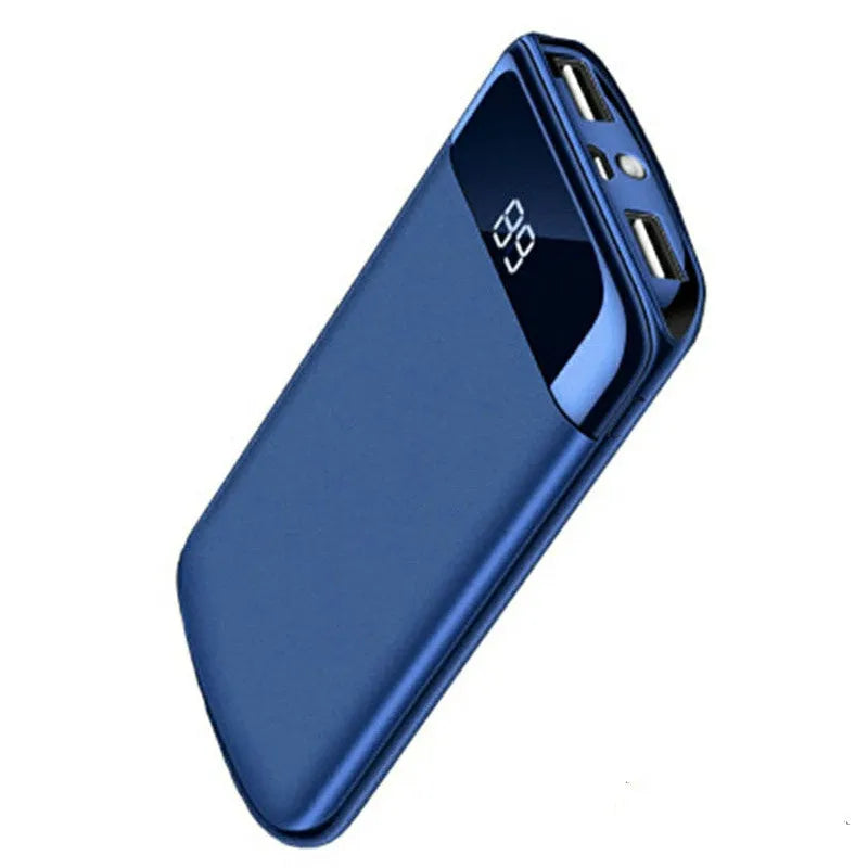 Portable power bank with LCD display showing battery percentage and two USB charging ports