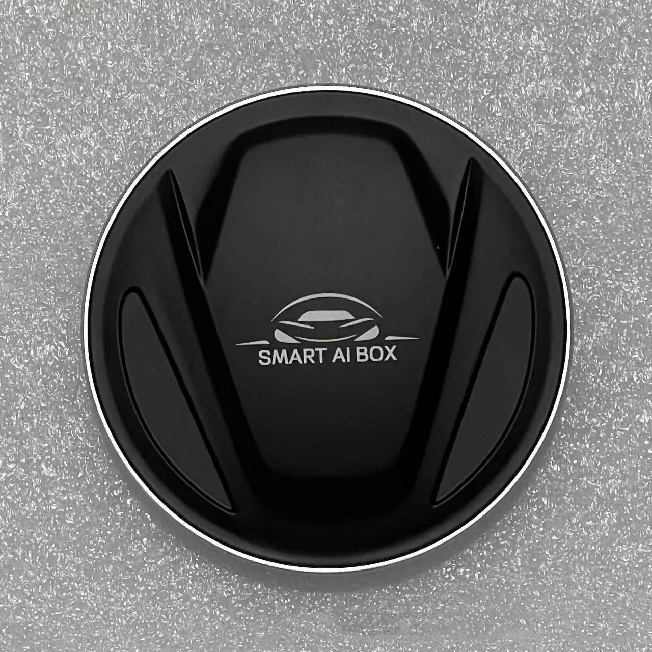 Black plastic CarPlay box TBOX measuring 79x79x18mm with USB cable and accessories