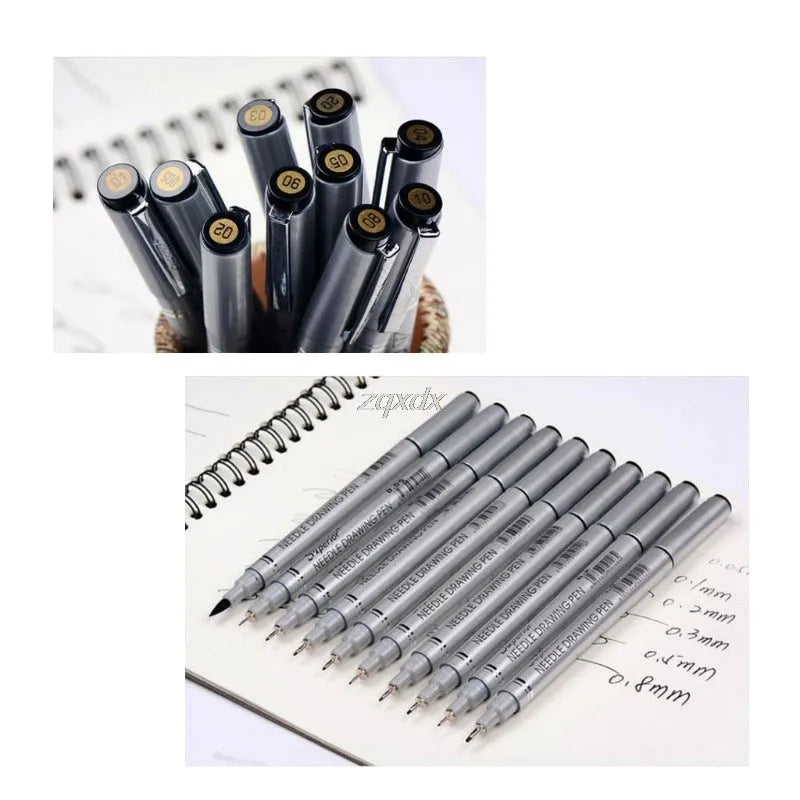 10-pieces fineliner drawing pen set with tip sizes 005 to 20, black ink, plastic body, waterproof pigment ink