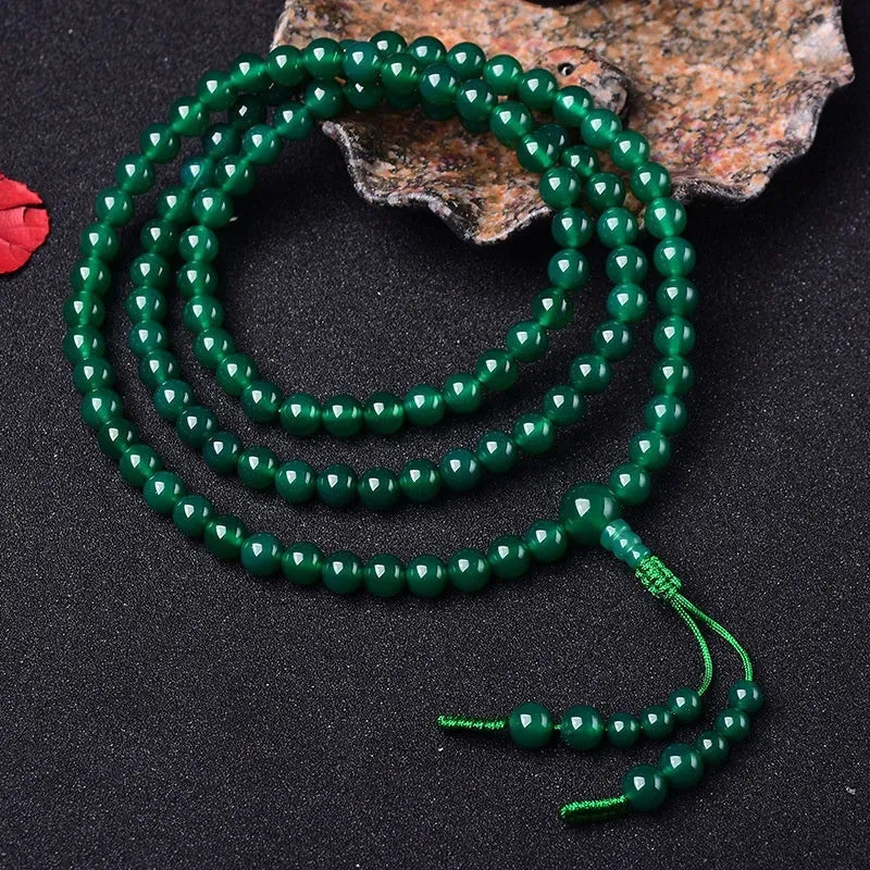 Handmade natural green agate bracelet with 108-bead thangka pendant and multi-circle ornamentation