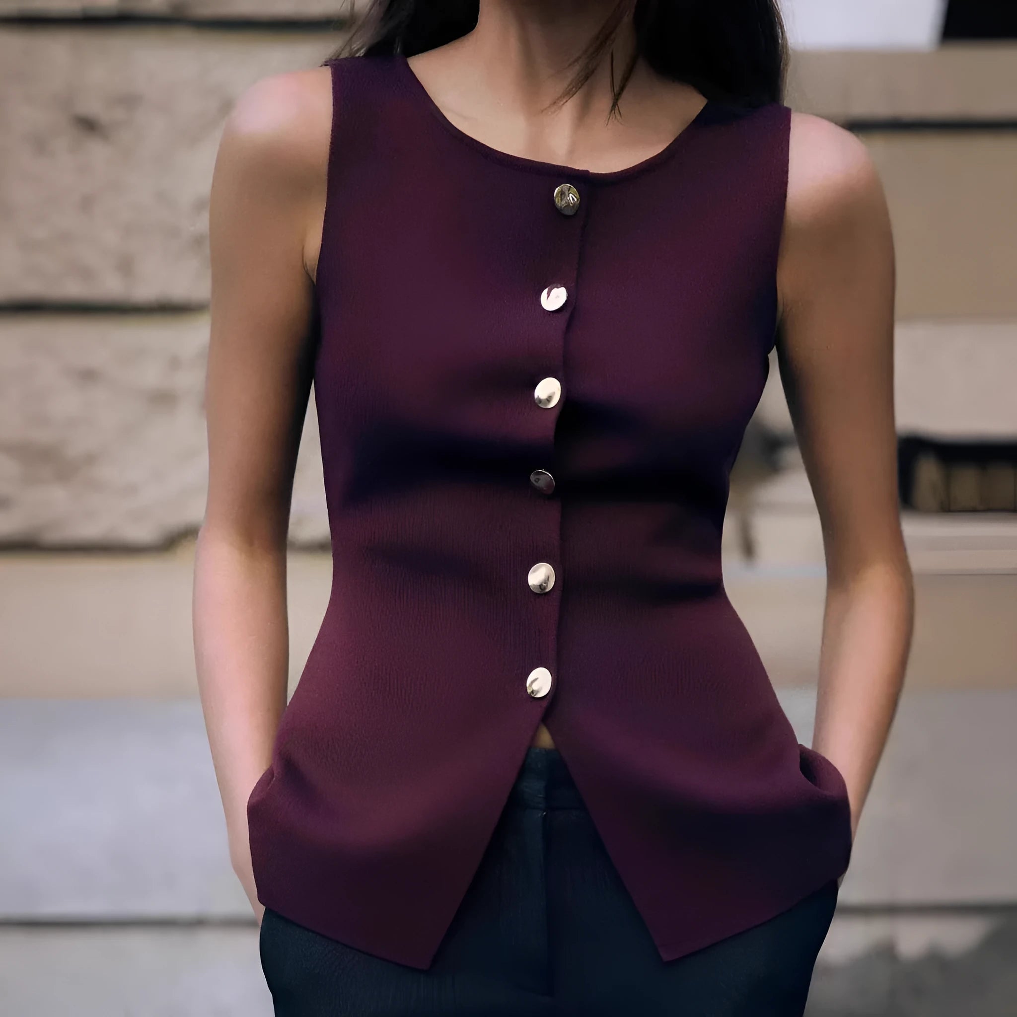 Dark red slim-fit sweater vest with gold buttons and 3D patterning on mannequin