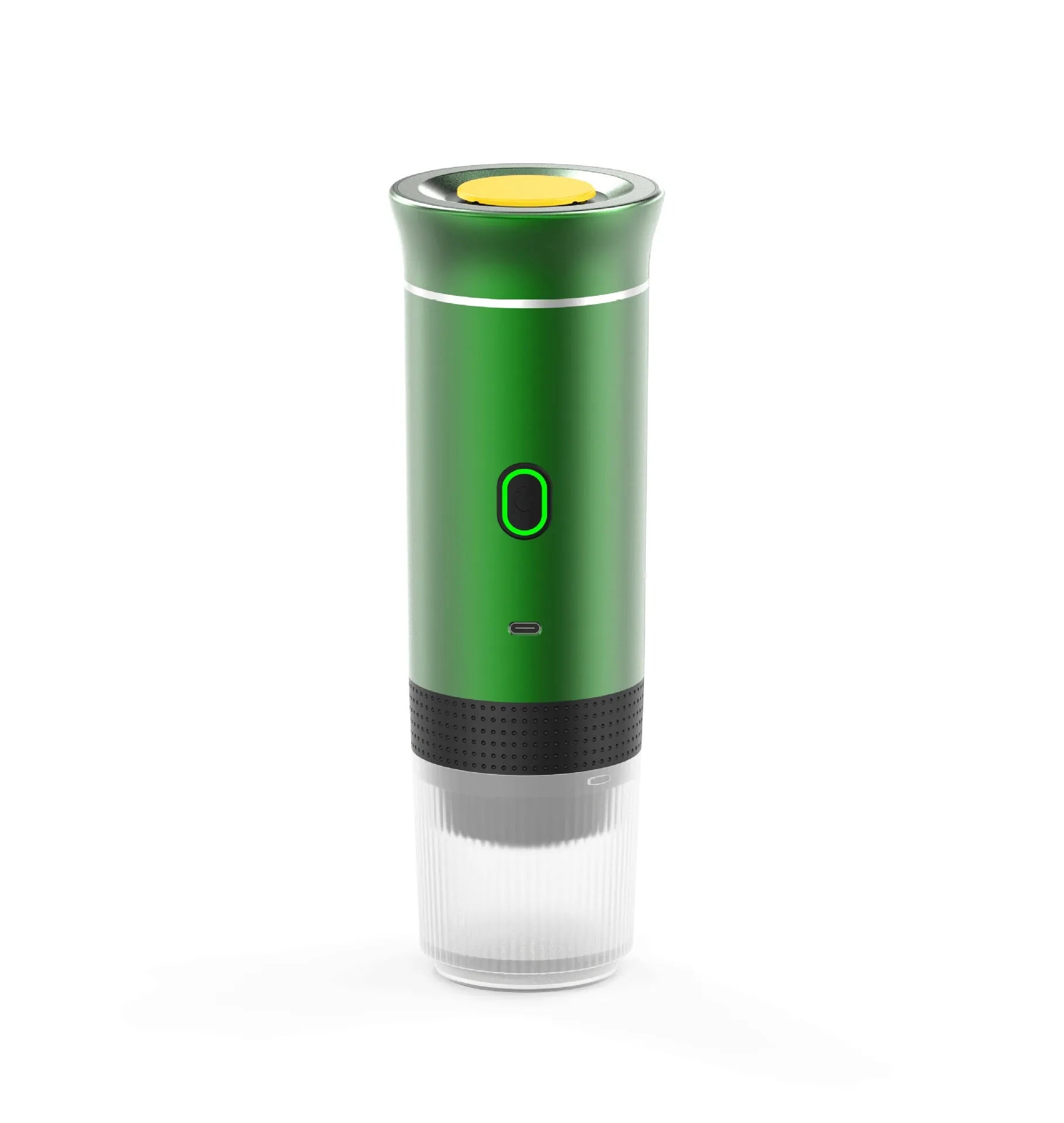 Portable Italian espresso machine in black, showing main unit, USB-C cable, and box