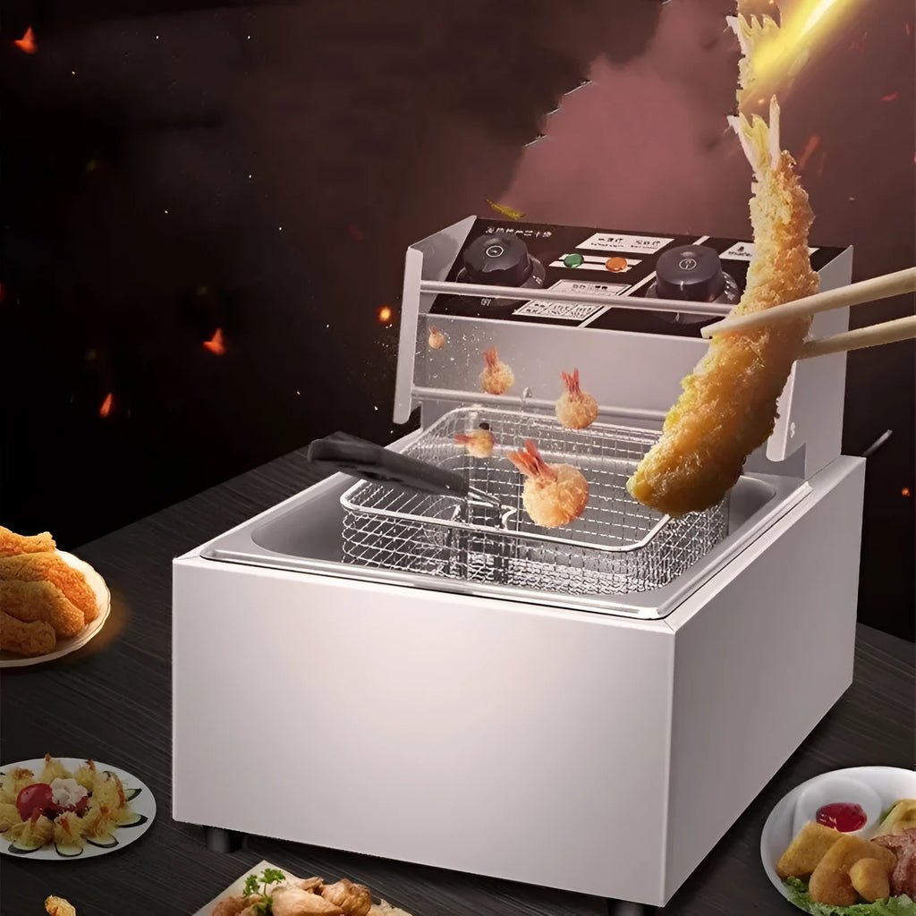 Commercial stainless steel deep frying pan with temperature control, oil tank, and two frying baskets