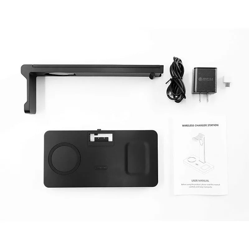 Black multi-function wireless charging station with phone, watch, and headset bracket and LED indicator