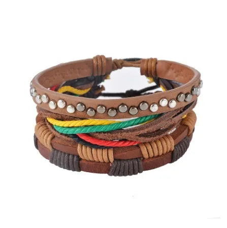 Handmade brown leather wrap bracelet with wooden beads and braided cord on a wrist.
