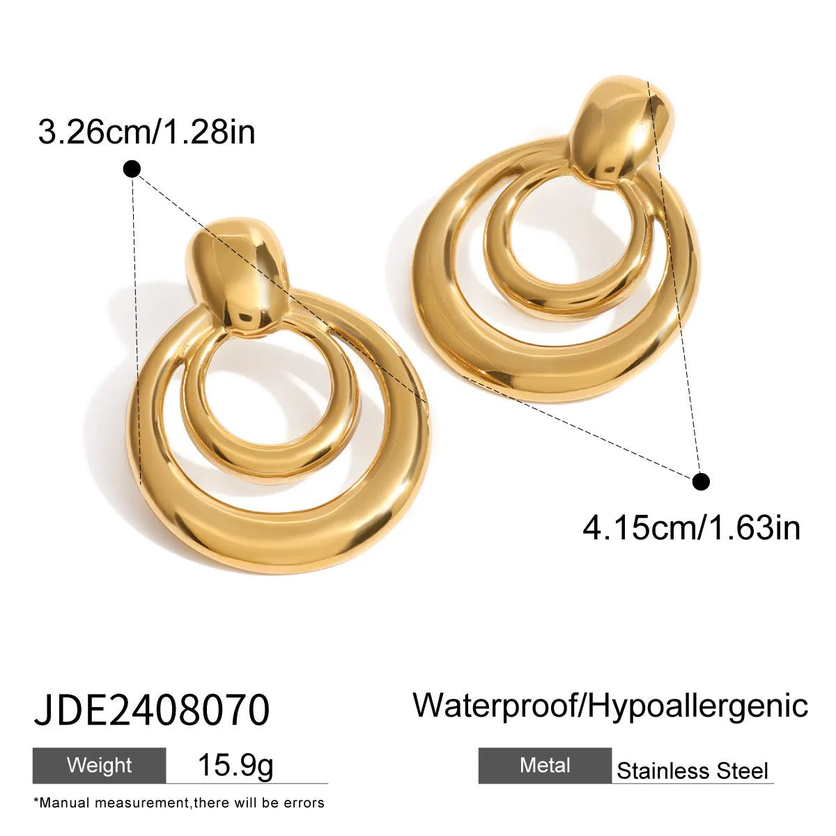 Round double-layer hollow stud earrings with 18K gold electroplated finish on titanium steel