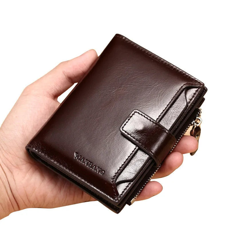 Men's brown first layer cowhide leather wallet, 12.5 x 9.5 x 1.5 cm, lock opening, square vertical card holder.